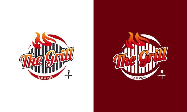 Hot grill logo template, barbecue grill, vintage barbeque label stamp logo design vector