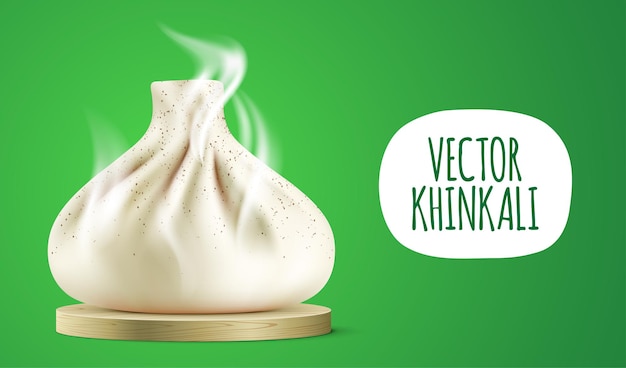 Hot khinkali with steam, placed on a wooden plate. georgian dumpling vector banner with copy space