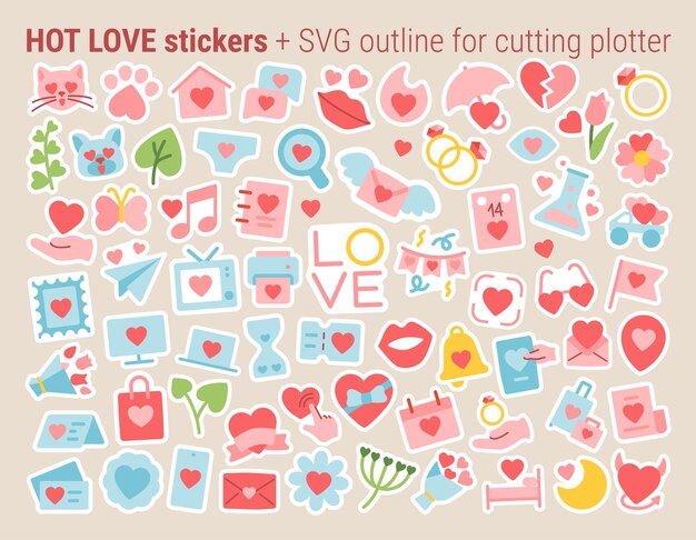 Vector hot love sticker pack voor valentijnsdag met contour voor het snijden van plotter.