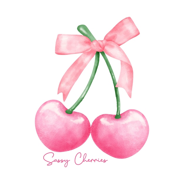 Hot Pink coquette cherries with pink ribbon bow aesthetic watercolor hand drawing