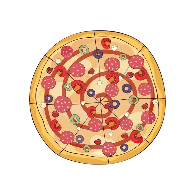 Вектор Горячая пицца с салями, кетчупом, помидорами и оливками. векторная иллюстрация на белом фоне.