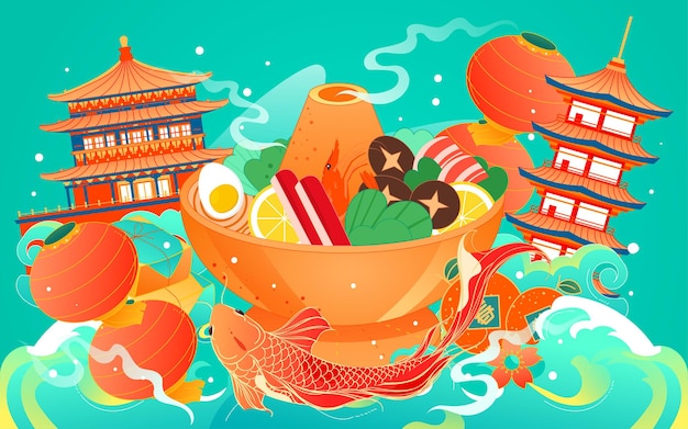 Hot pot ingrediënten achtergrond poster vieren chinees nieuwjaar oudejaarsavond voedsel illustratie