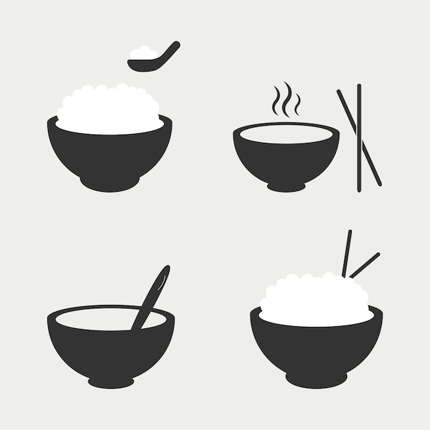 Чаша горячего риса с палочками и ложкой Еда для ресторана в мультяшном стиле Набор векторных иллюстраций