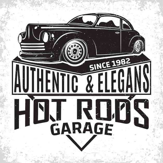 Vettore hot rod garage logo design emblema dell'organizzazione di riparazione e servizio di muscle car garage per auto retrò stampa francobolli emblema tipografia hot rod vettore