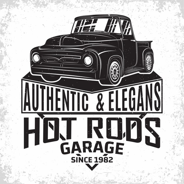 Vettore hot rod garage logo design emblema dell'organizzazione di riparazione e assistenza di auto muscolose retro garage auto