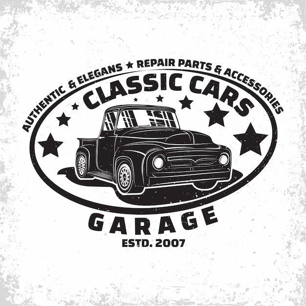 Design del logo del garage hot rod, emblema della riparazione e dell'organizzazione dei servizi di muscle car, francobolli di stampa di garage per auto retrò, emblema della tipografia hot rod