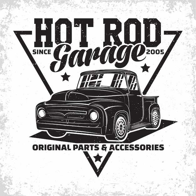 Design del logo del garage hot rod con un emblema della riparazione di muscle car