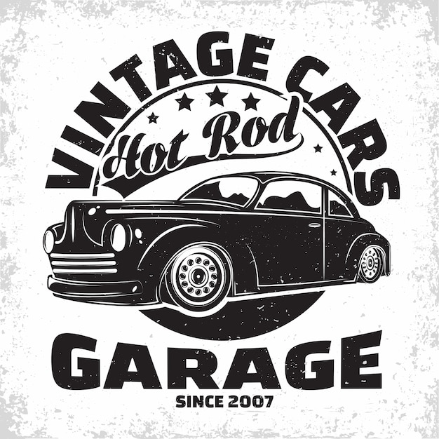 Logo del garage hot rod, emblema della riparazione di muscle car e dell'organizzazione del servizio, francobolli di stampa di garage per auto retrò, emblema di tipografia hot rod,