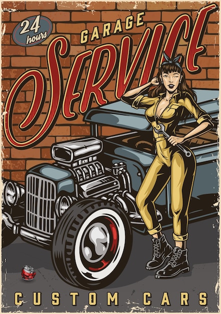 Vector hot rod garage service colorful poster
