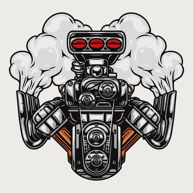 Vector hot rod or muscle car engine with smoke in style isolated