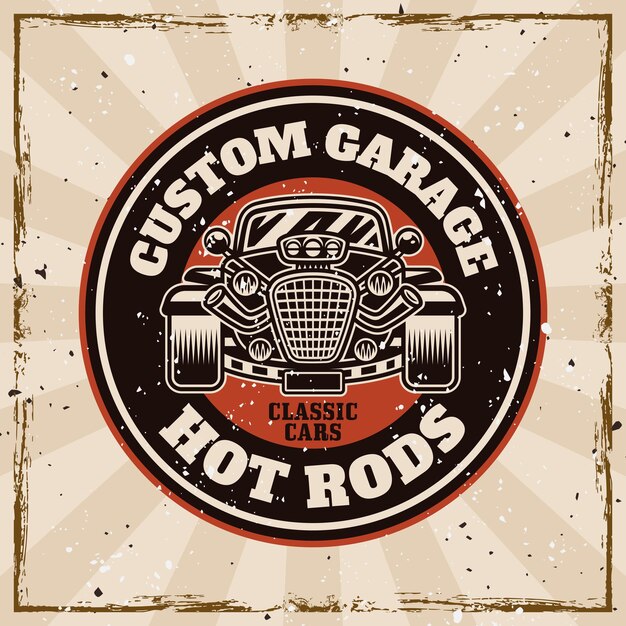 Vector hot rod vector embleem label badge of print in vintage stijl op achtergrond met grunge verwijderbare texturen