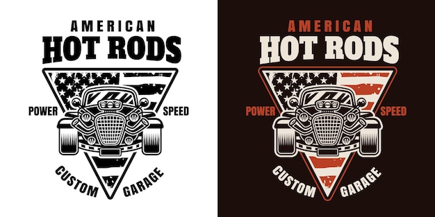 Vector hot rod vector emblem label badge or print in two styles colored and black on white background