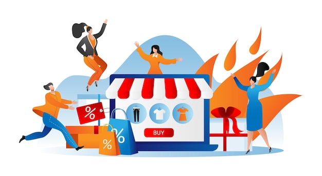 Hot sale discount banner vector illustration Man woman character buy goods with special offer price advertising shop flyer with people