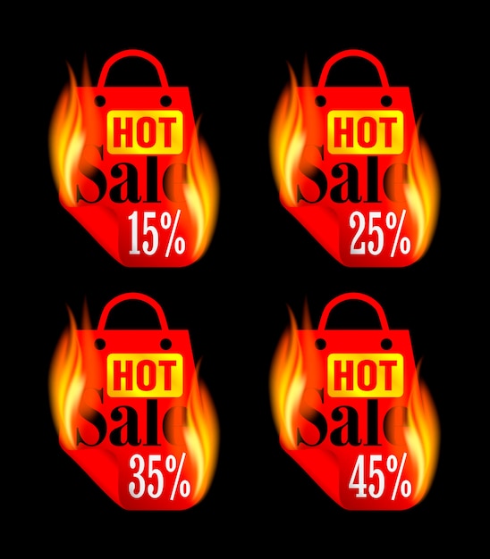 Hot sale stickers set met rood brandend pakket Sale stickers 15 25 35 45 korting Vector illustratie