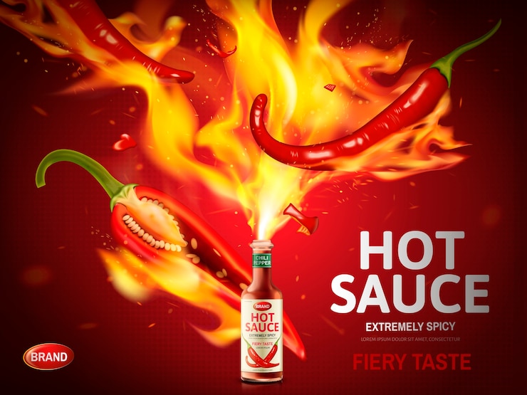 Vector hot sauce ad with red chili pepper and huge flames poppg out from a bottle, red background