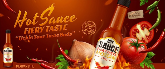 Реклама острого соуса с чили и эффектом горящего огня в 3d иллюстрации