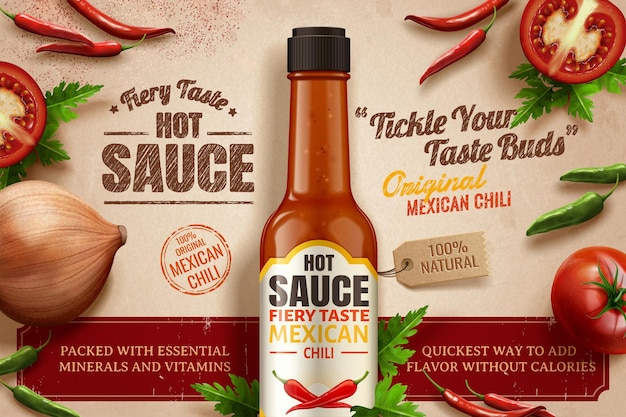 Vector hot sauce ads with chilli and ingredients on kraft paper background in 3d illustration, flat lay