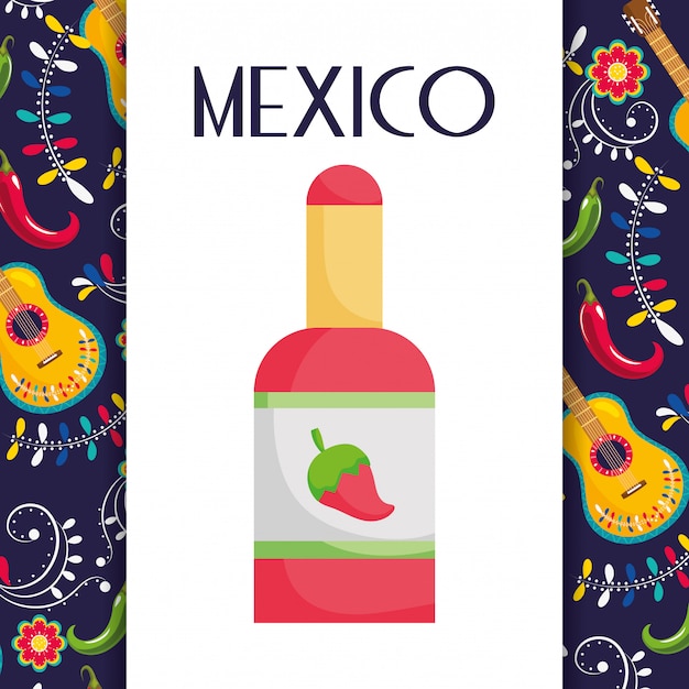 hot sauce chili pepper guitar flowers mexican food, traditional celebration design vector card