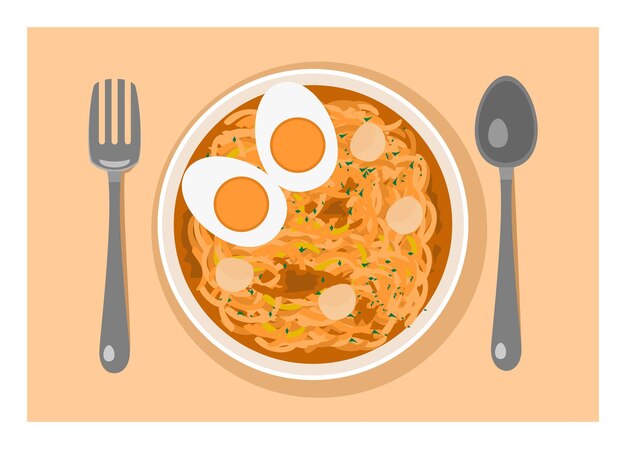ベクトル 卵とソーセージを添えた鉢の中の熱いスープヌードル シンプルな平らなイラスト