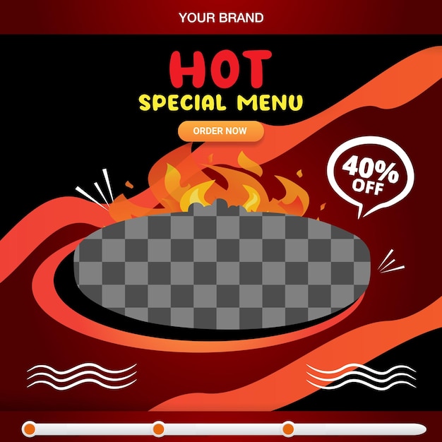 Vector hot special menu square banner for social media post with copy space frame for food sale with abstract gradient black and red background design