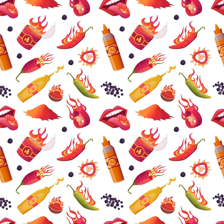 Vector hot spices patroon collectie gestileerde pittige chili en vuur foto's vector naadloze achtergrond