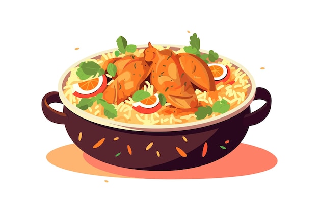 Hot and spicy chicken biryani with roasted pieces and lemon illustration on isolated white background