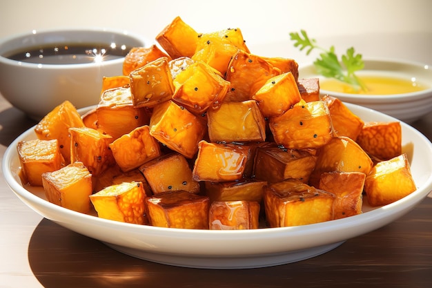 L'accompagnamento caldo e speziato di patate in stile indiano per il curry può essere consumato come spuntino con il pane