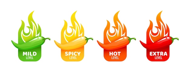 Hot spicy level labels chili peppers fire flames