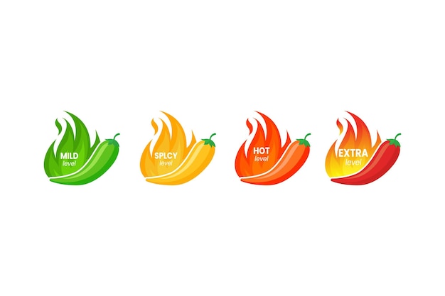 Vector hot spicy level labels met chili peper en vlam
