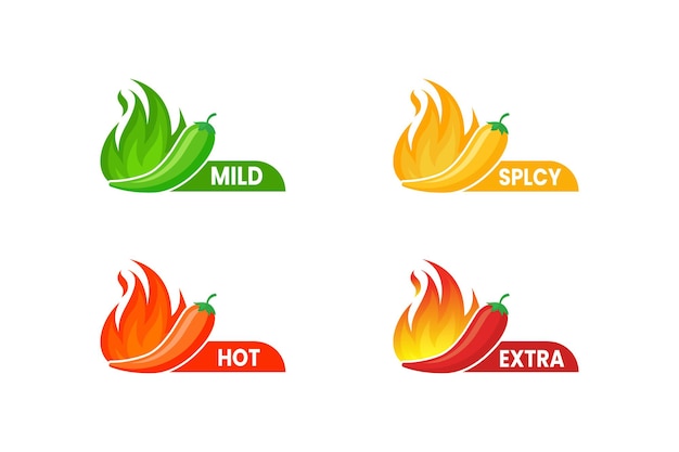 Vector hot spicy level labels with chili pepper and flame