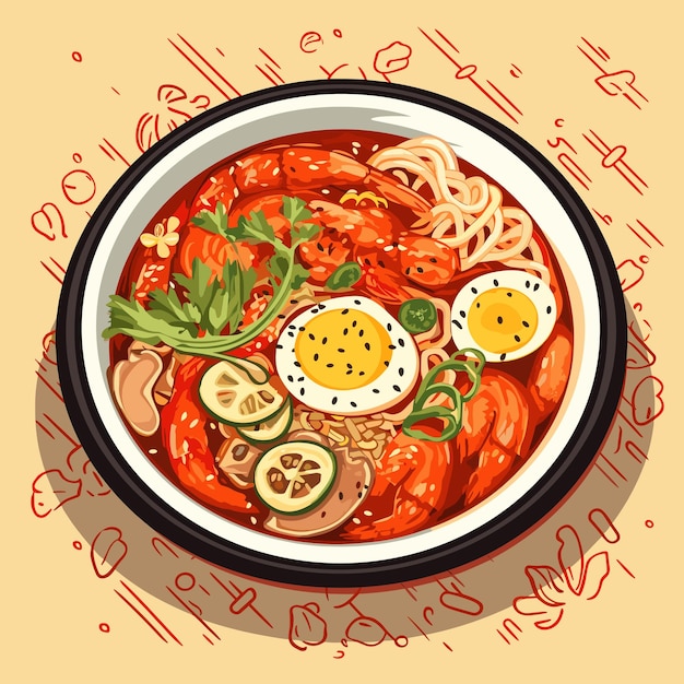 Hot spicy Thai Chinese Korean Asian food bowl with ingredients vector illustration