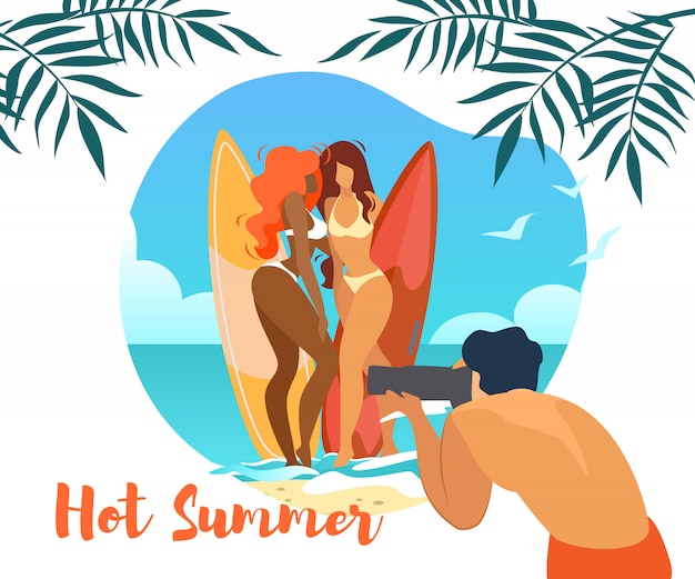 Hot summer horizontal banner with man photographer making photo of young sexy girls