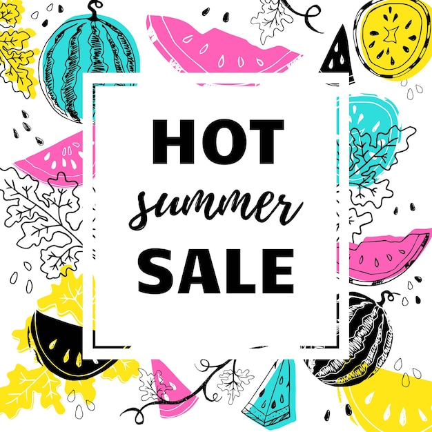 Hot summer sale banner lettering text with hand drawn watermelons and colored shapes vector