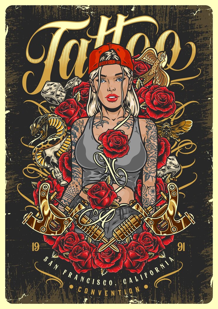 Vector hot tattoo woman poster colorful