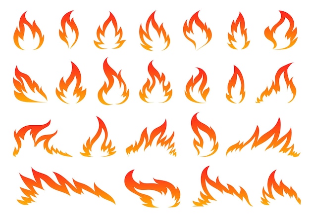 Hot temperature comic dangerous flame fires Cartoon fire flames Red campfire fiery icon set Burning blazing wildfire bonfires isolated on white background Silhouette sign for stencil stamp