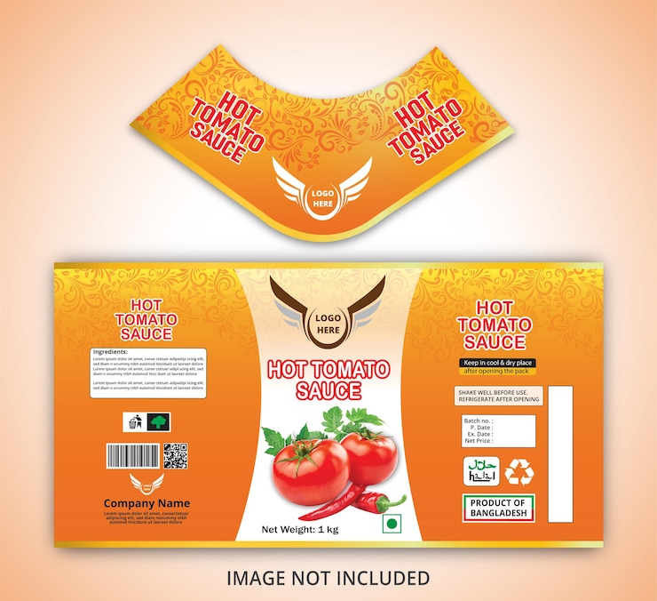 Vector 핫 토마토 소스 라벨 디자인과 패키지 디자인