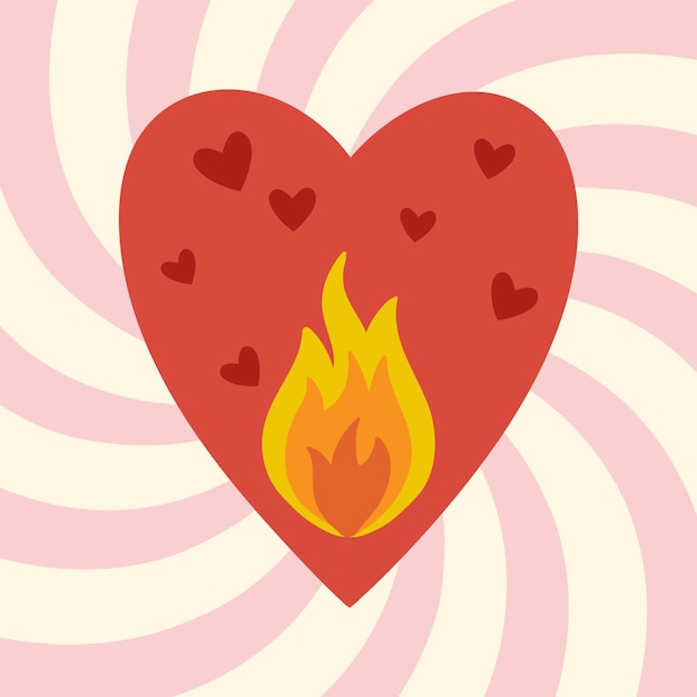 Hot Valentines Day greeting card Valentine card Concept of love Heart with a flame of love Trends retro cartoon style