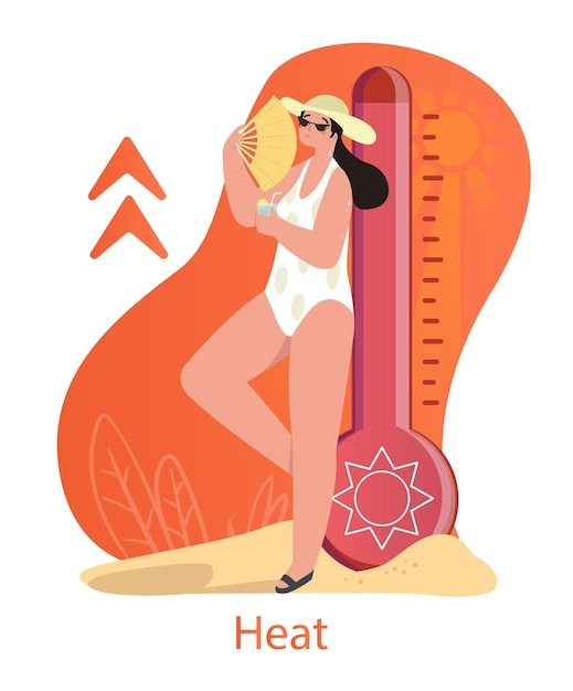 Hot weather concept young woman in swimsuit and hat standing next to large thermometer drinking