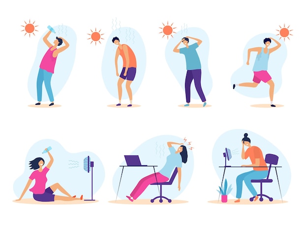 Hot weather People summer problems tired sunny persons outdoor warm healthcare exhaustion recent vector flat illustrations