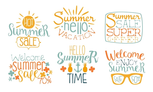 Hot zomer verkoop labels set super aanbod hallo zomer tijd welkom verkoop handgetekende badges vector