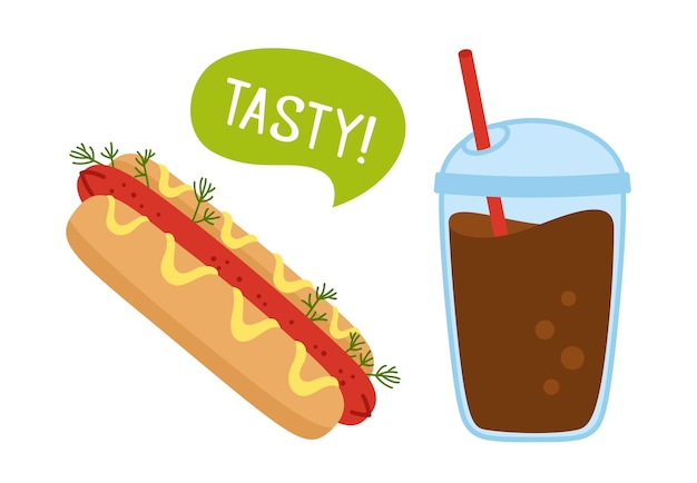 Hotdog American Fast food and coffee to go doodle cartoon set