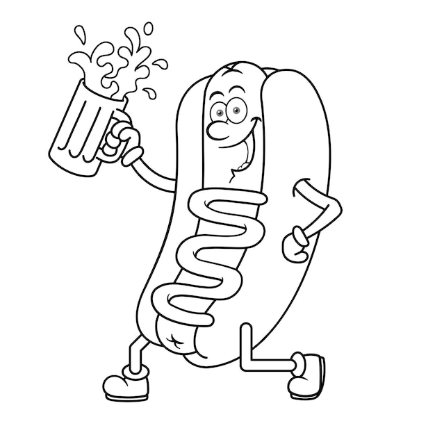 Хот-дог мультипликационный персонаж, держащий пиво наброски