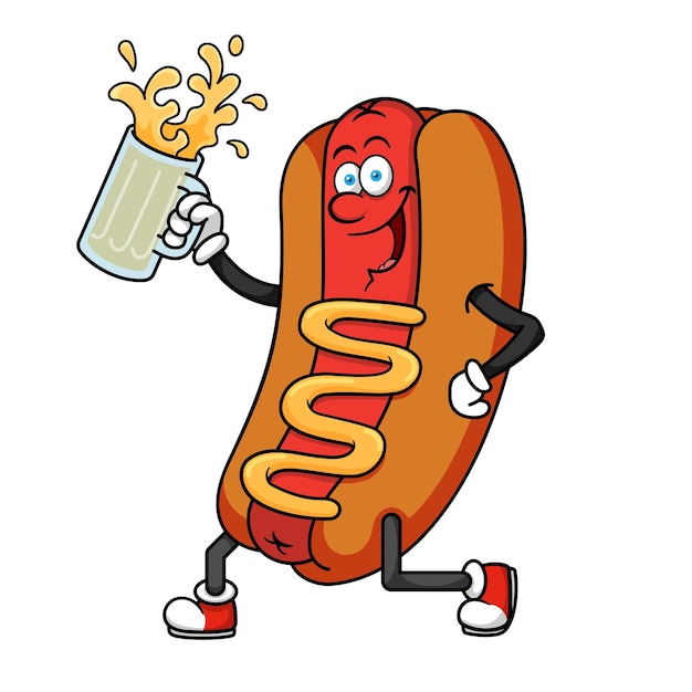 Hotdog Cartoon Character Holding Beer