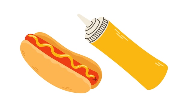 Hotdog en fles mosterd vector geïsoleerde platte illustratie fastfood voor postermenu's