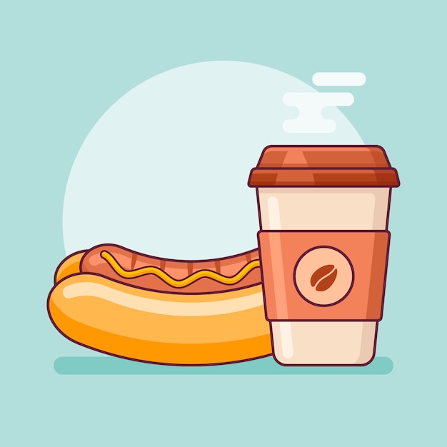 Hotdog en koffie afhaalmaaltijden in platte lijnstijl.