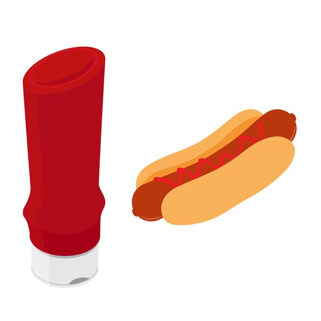 Hotdog en tomaten ketchup fles geïsoleerd op witte achtergrond Fast food Isometrische weergave Vector