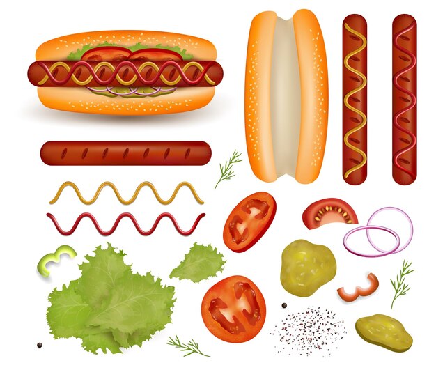 Hotdog en zijn ingrediënt instellen vector geïsoleerde illustratie