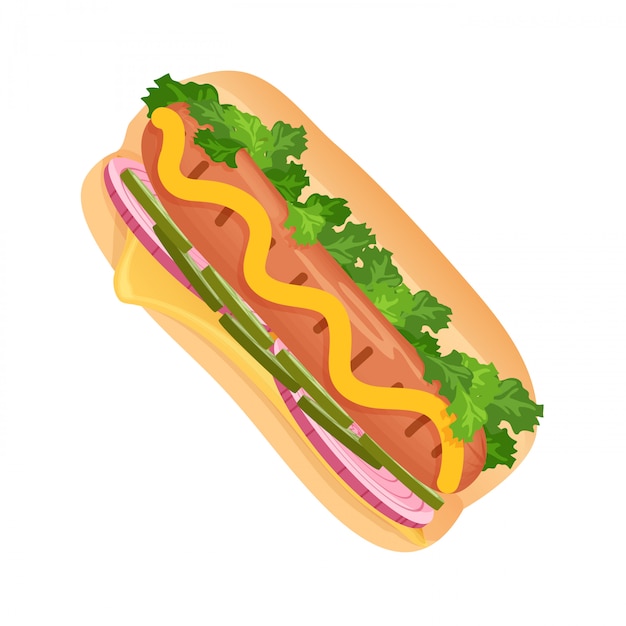 Vettore fast food hot dog. illustrazione piatto isolato hot dog poster.