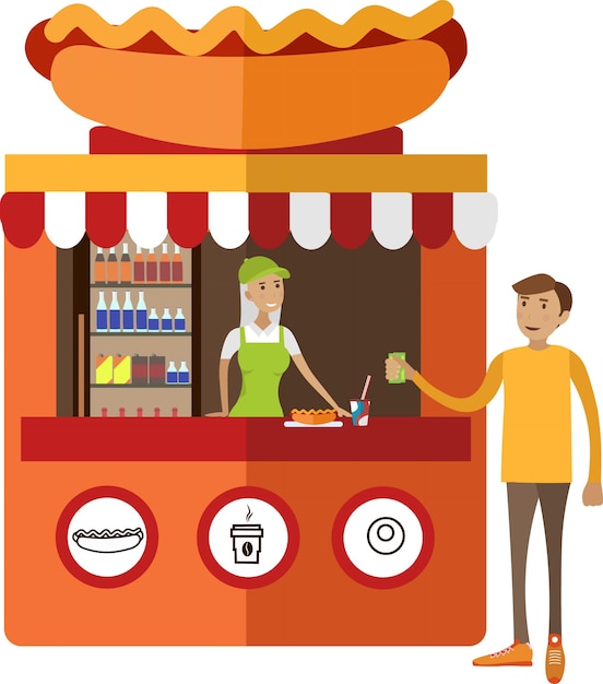 Hotdog fastfood snack straatmarkt in pretpark vector pictogram geïsoleerd op wit