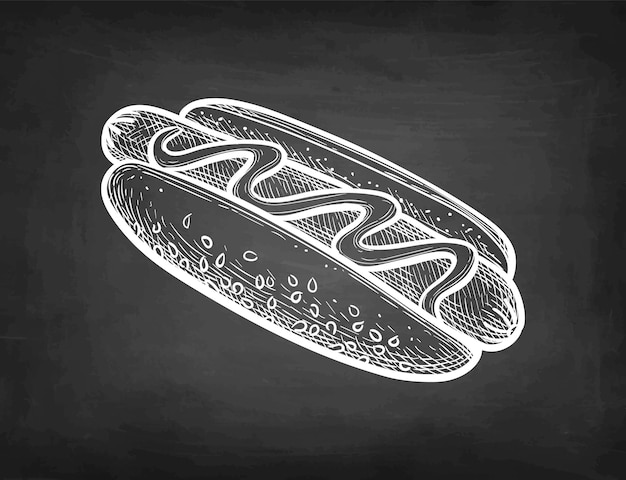 Vector hotdog krijt schets op blackboard achtergrond hand getrokken vectorillustratie retro stijl